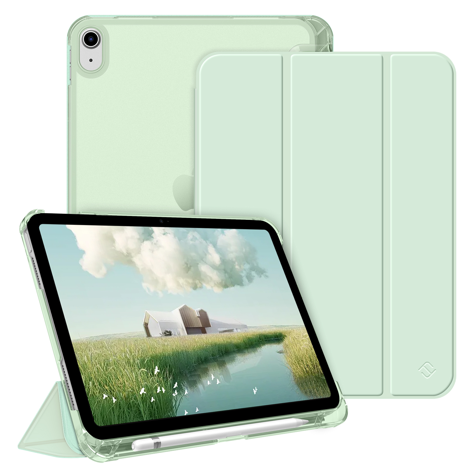 Mintgrünes iPad mit Hülle und Cover. Der Bildschirm zeigt eine Landschaft mit einem Fluss.