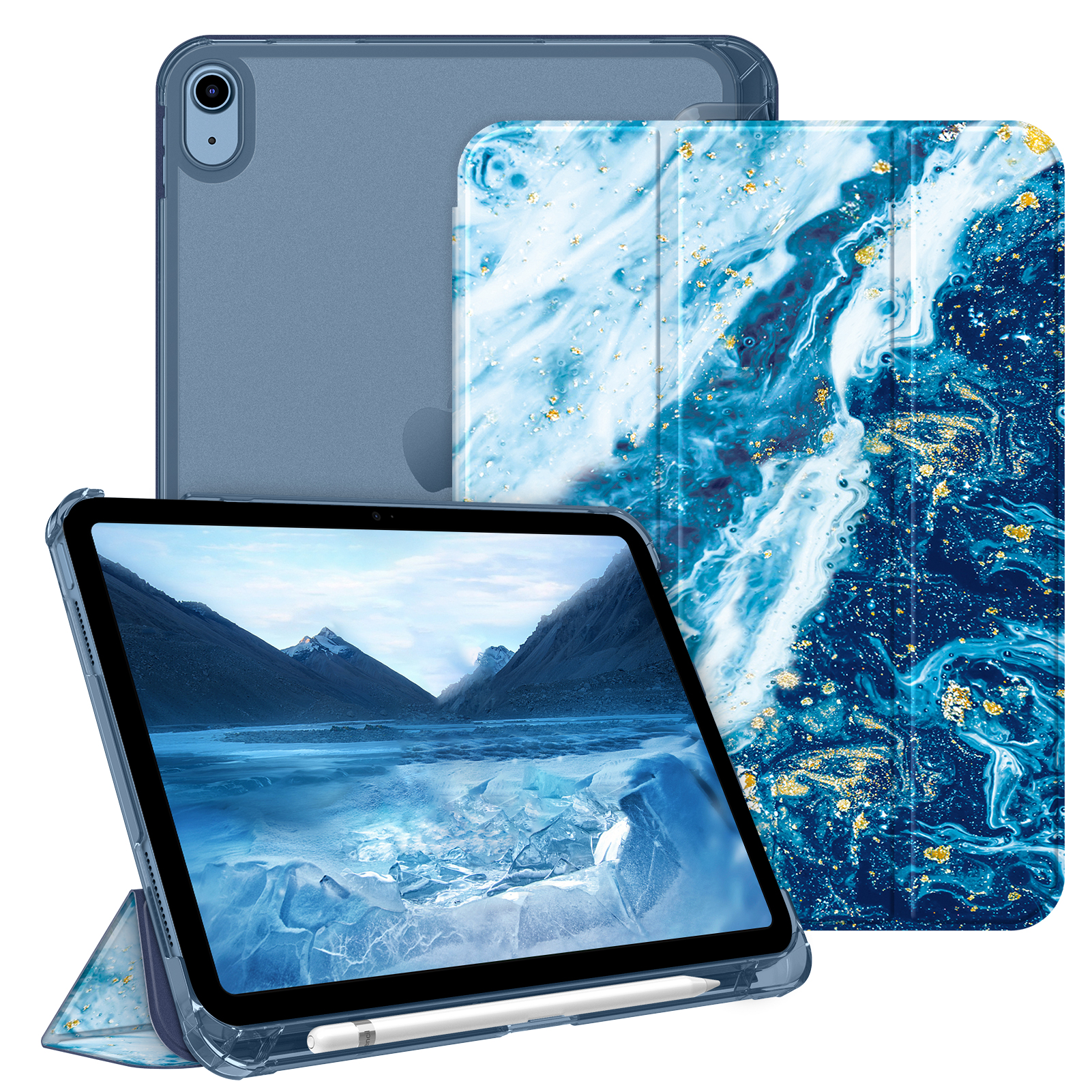 Ein Tablet in einem Gehäuse, mit blauem Gehäuse und gemustertem Deckel. Ein Stift ist sichtbar.