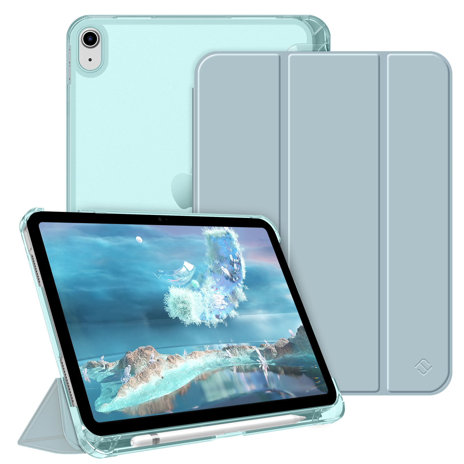 Ein türkisfarbenes iPad in einer durchsichtigen Hülle mit hellblauem Cover.
