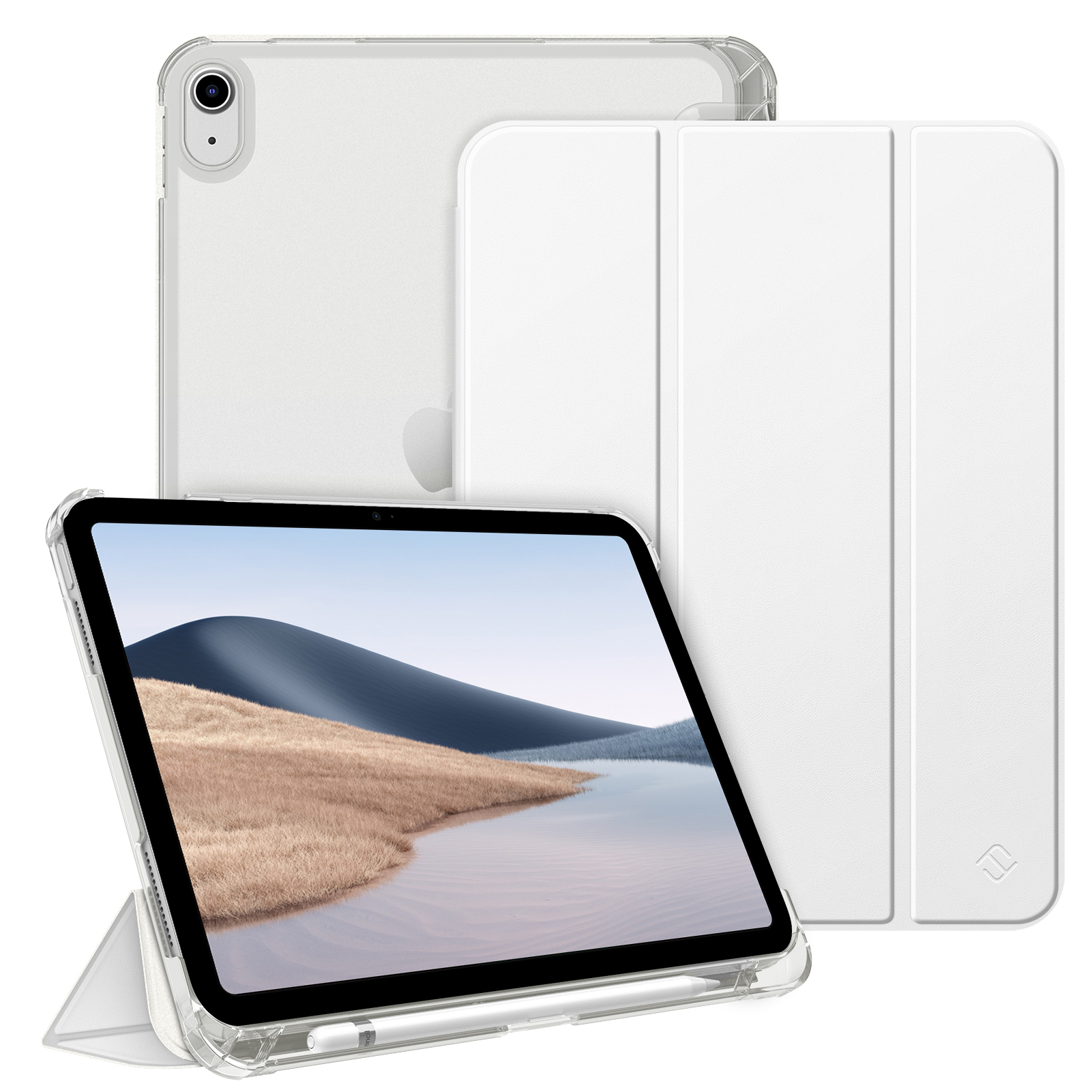 Ein iPad mini in einer Schutzhülle. Es gibt drei Hüllen. Das iPad zeigt eine Landschaft.