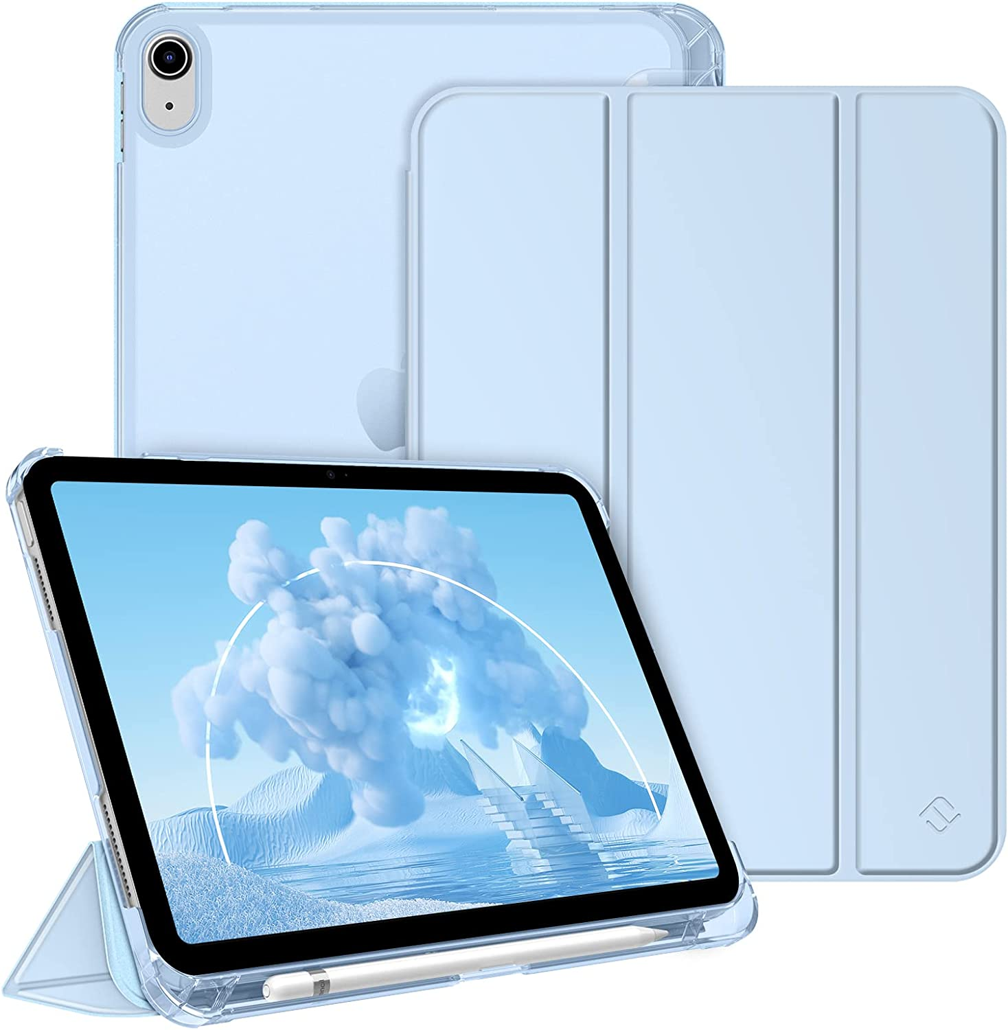 Blaues Tablet mit Hülle und Abdeckung. Es wird mit einem Stift verwendet. Die Hülle ist hellblau.