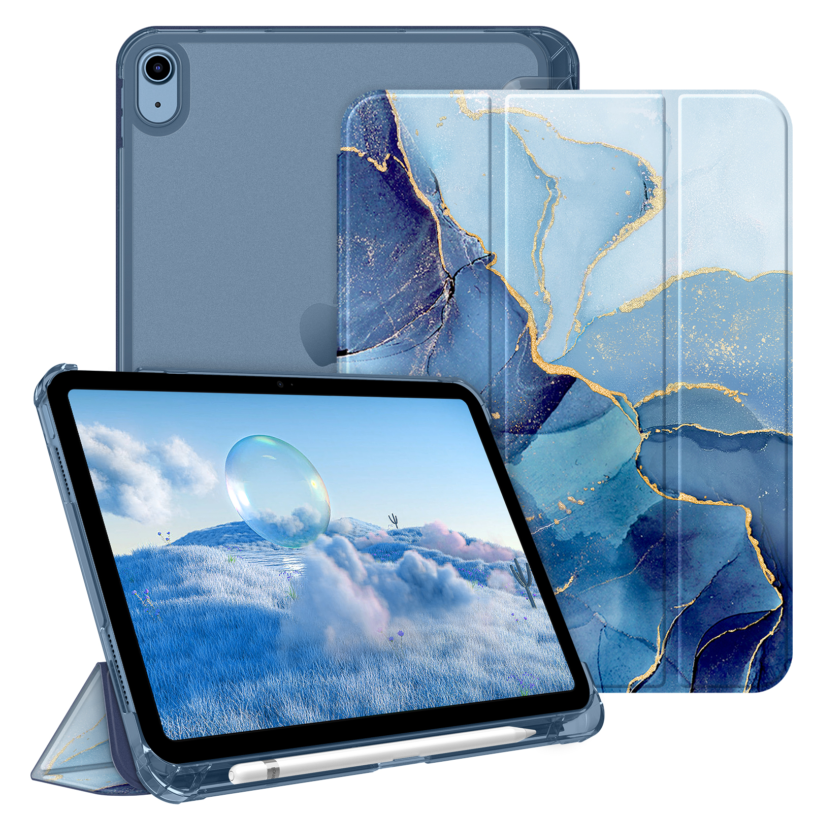 Tablet mit Hülle, Naturansicht. Zusätzliche Hüllen gezeigt. Blaues Marmor-Design.