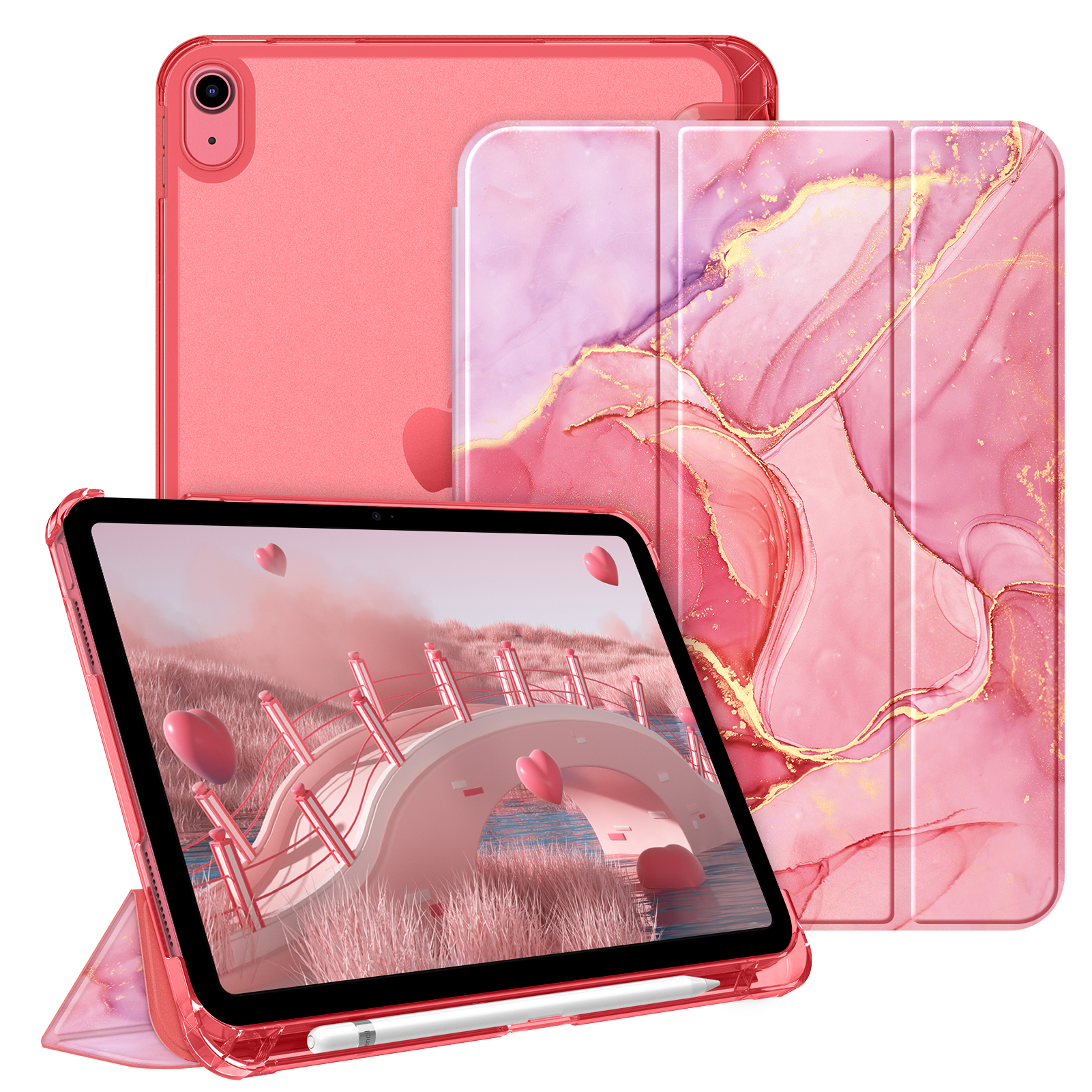Ein rosa Tablet mit Hülle und einer Klapphülle mit marmorartigem Muster.