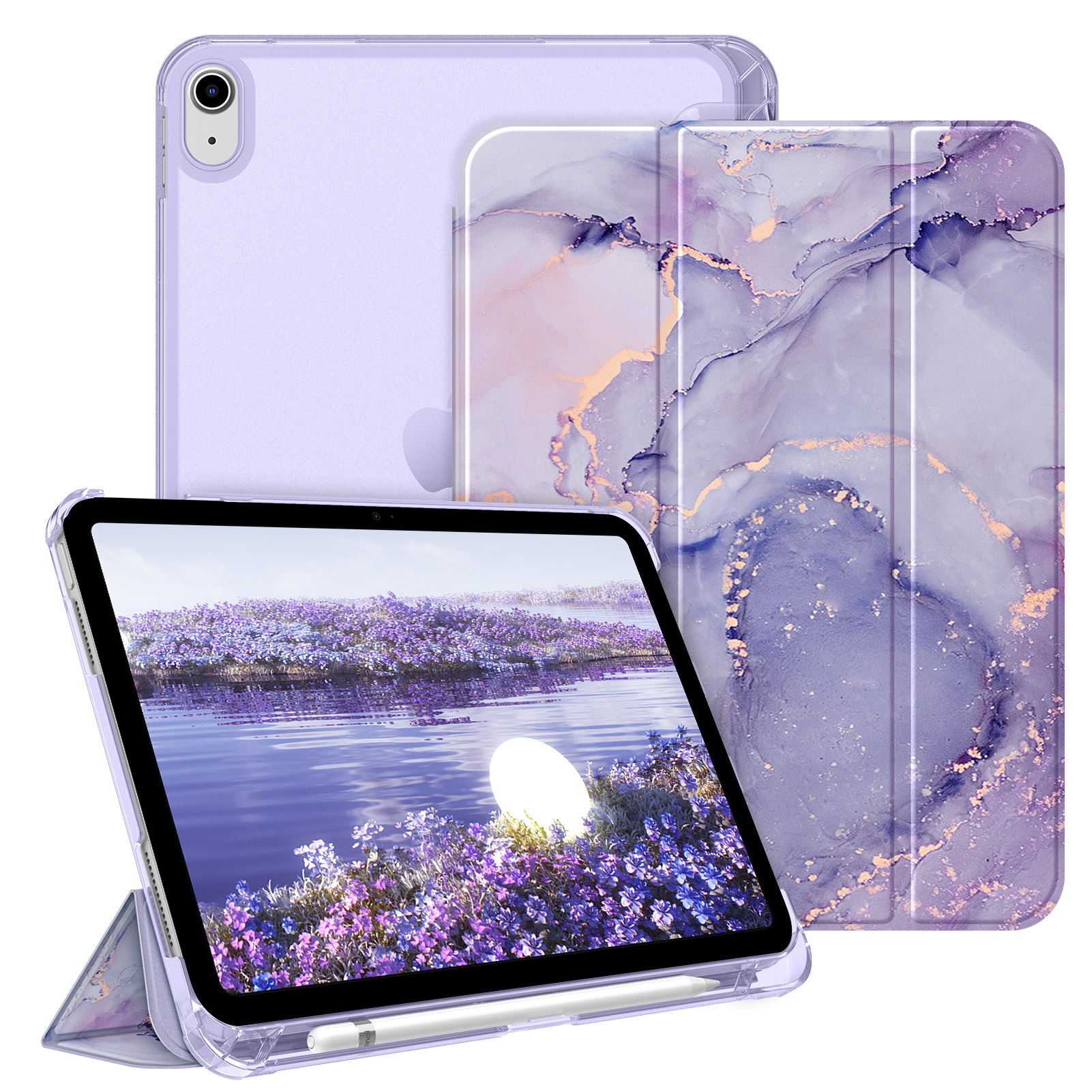 Lila iPad-Hülle mit Marmormuster, das iPad ist darin, zeigt eine Landschaft mit Blumen und See.