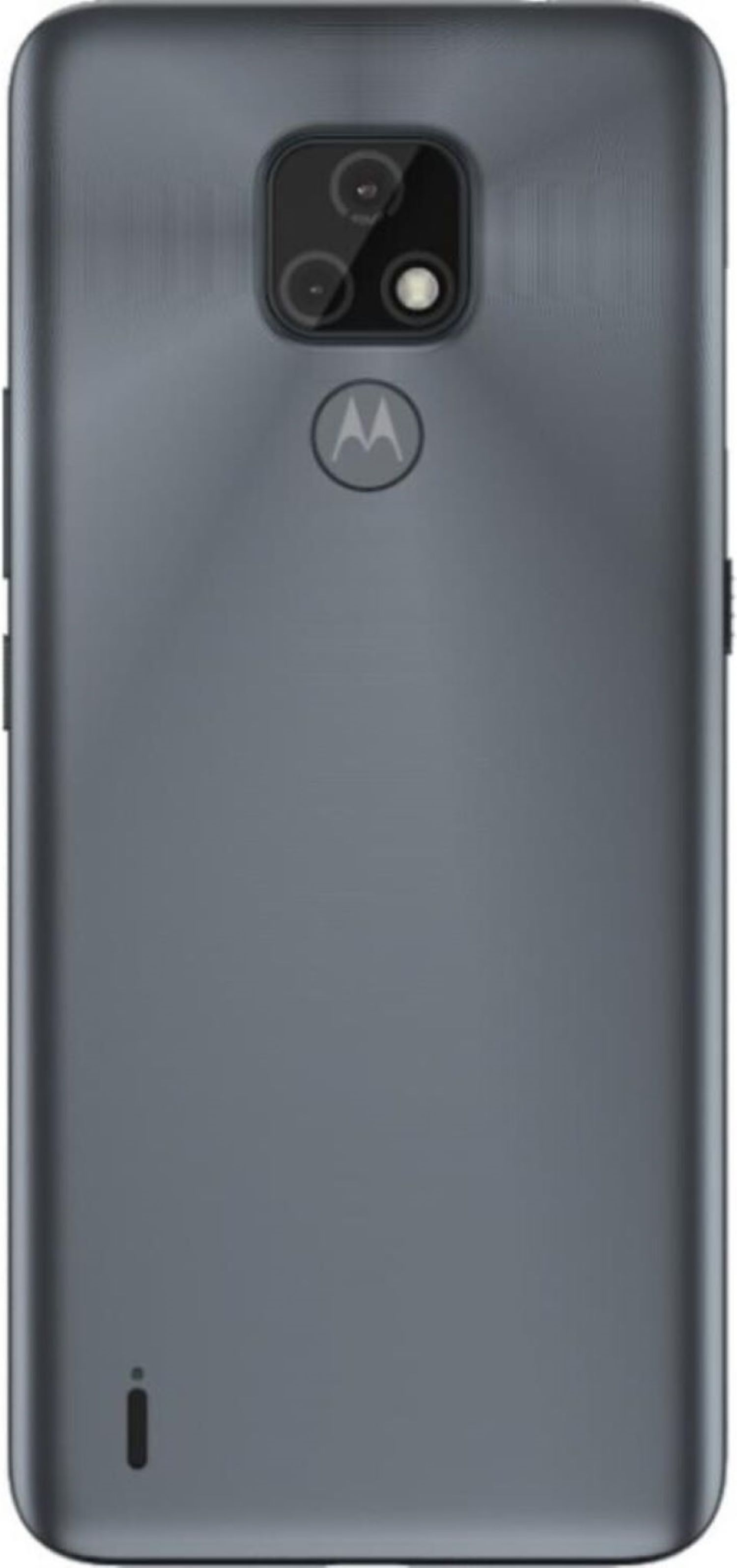 Graue Smartphone-Rückseite, Dreifachkamera, Motorola-Logo.