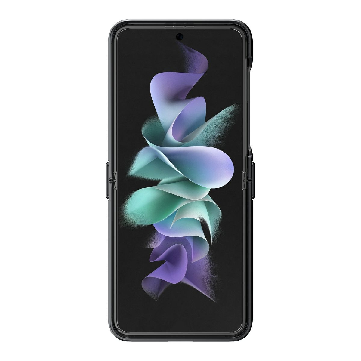 Ein gefaltetes Telefon mit farbenfrohem Design auf dem Bildschirm. Das Telefon befindet sich in einer schwarzen Hülle.