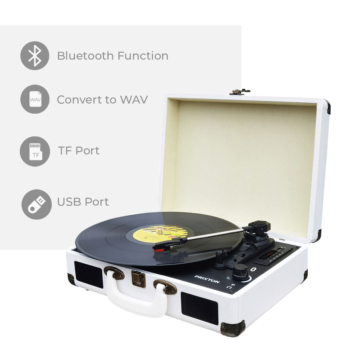 Tocadiscos VC400 PRIXTON, USB1 Auxiliar Salida de auriculares  Bluetooth, 45/ 78 RPM, Blanco