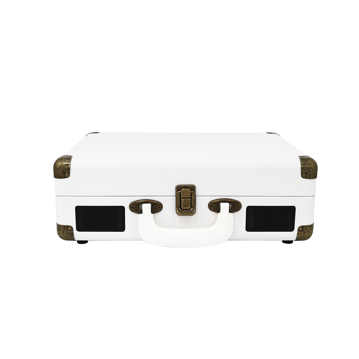 Biały gramofon w stylu walizki vintage z głośnikami, na białym tle.