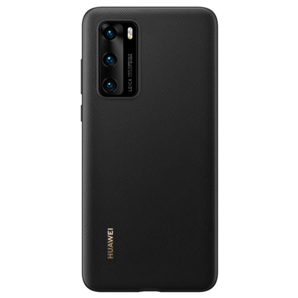 Custodia nera per telefono Huawei. Configurazione a tripla fotocamera e logo Huawei. Sfondo scuro.