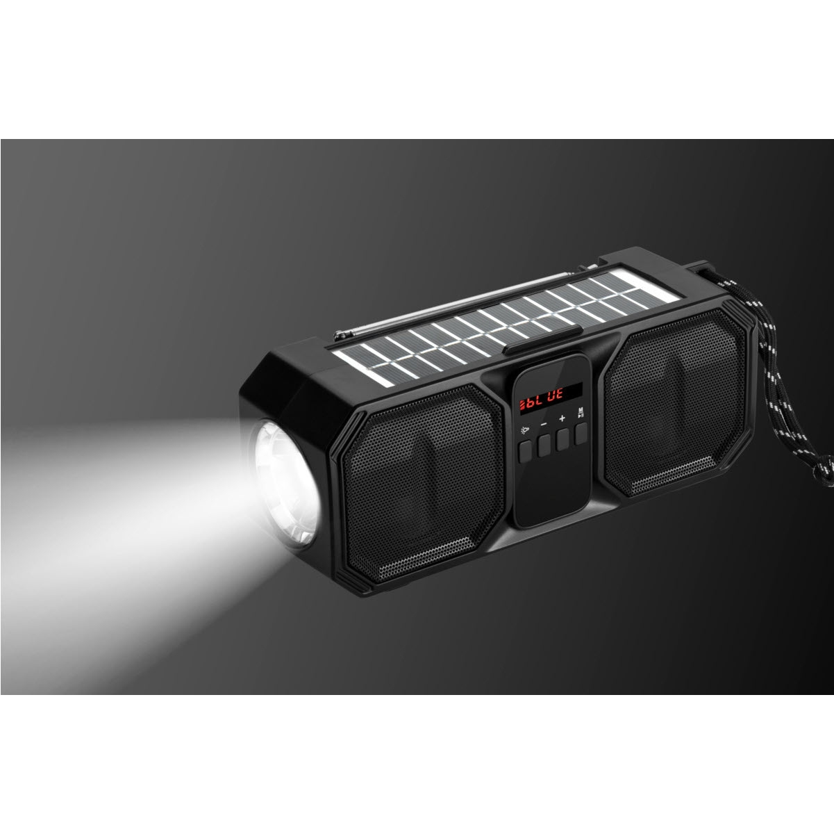 Czarny głośnik z latarką i jasnym światłem. Panel słoneczny i przyciski.