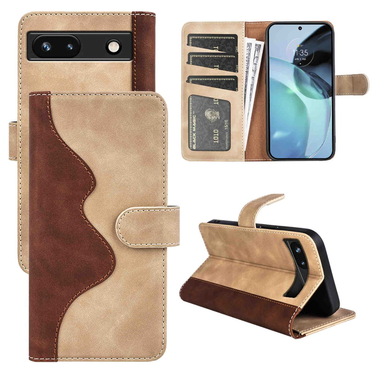 Eine Handyhülle in Beige und Braun mit einem Telefon und Kreditkarten.