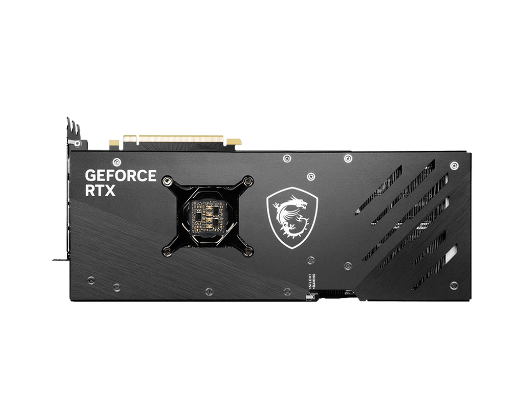 Schwarze Grafikkarte mit GeForce RTX und MSI Logo auf weißem Hintergrund.