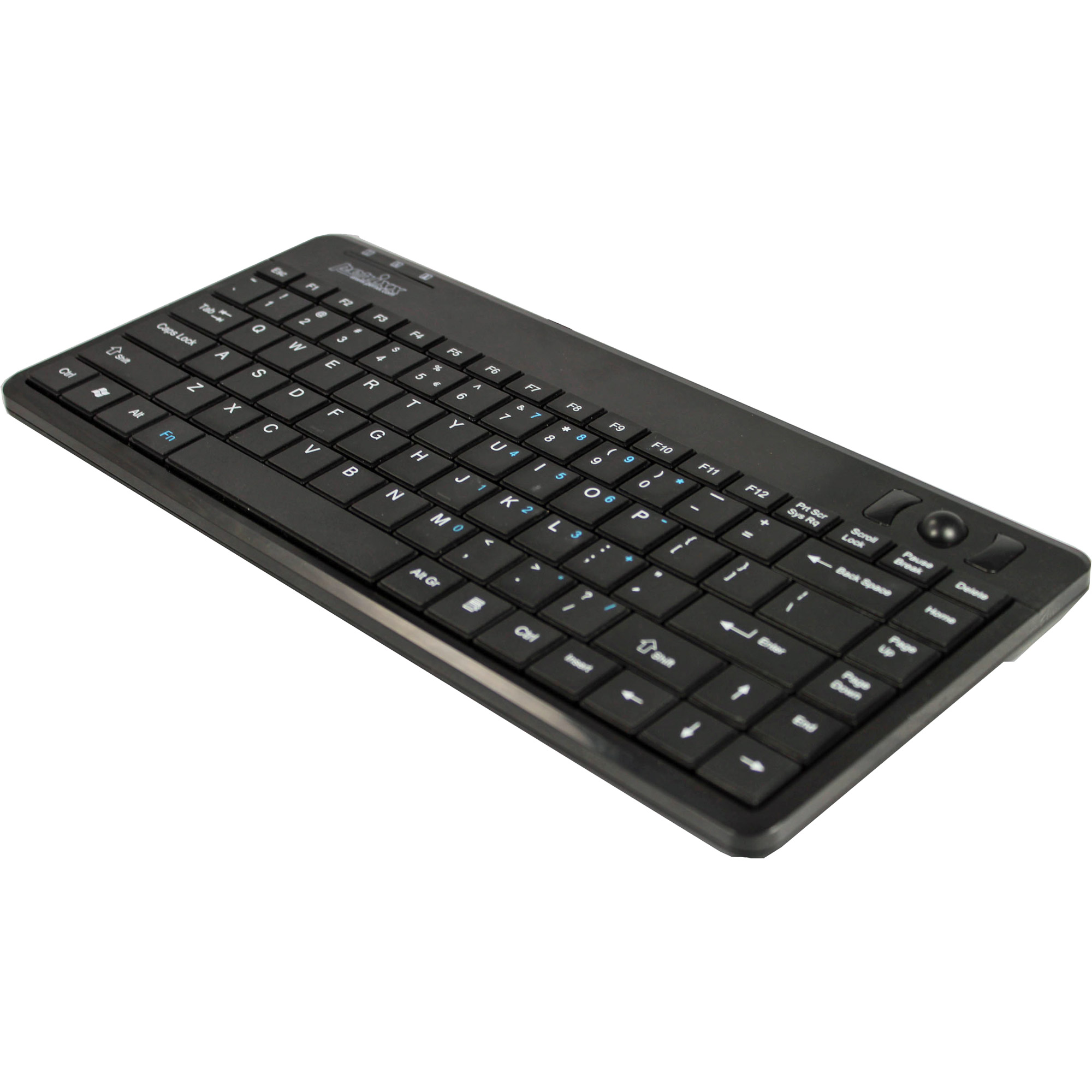 Schwarze, kompakte Tastatur mit Touchpad und verschiedenen Funktionstasten.