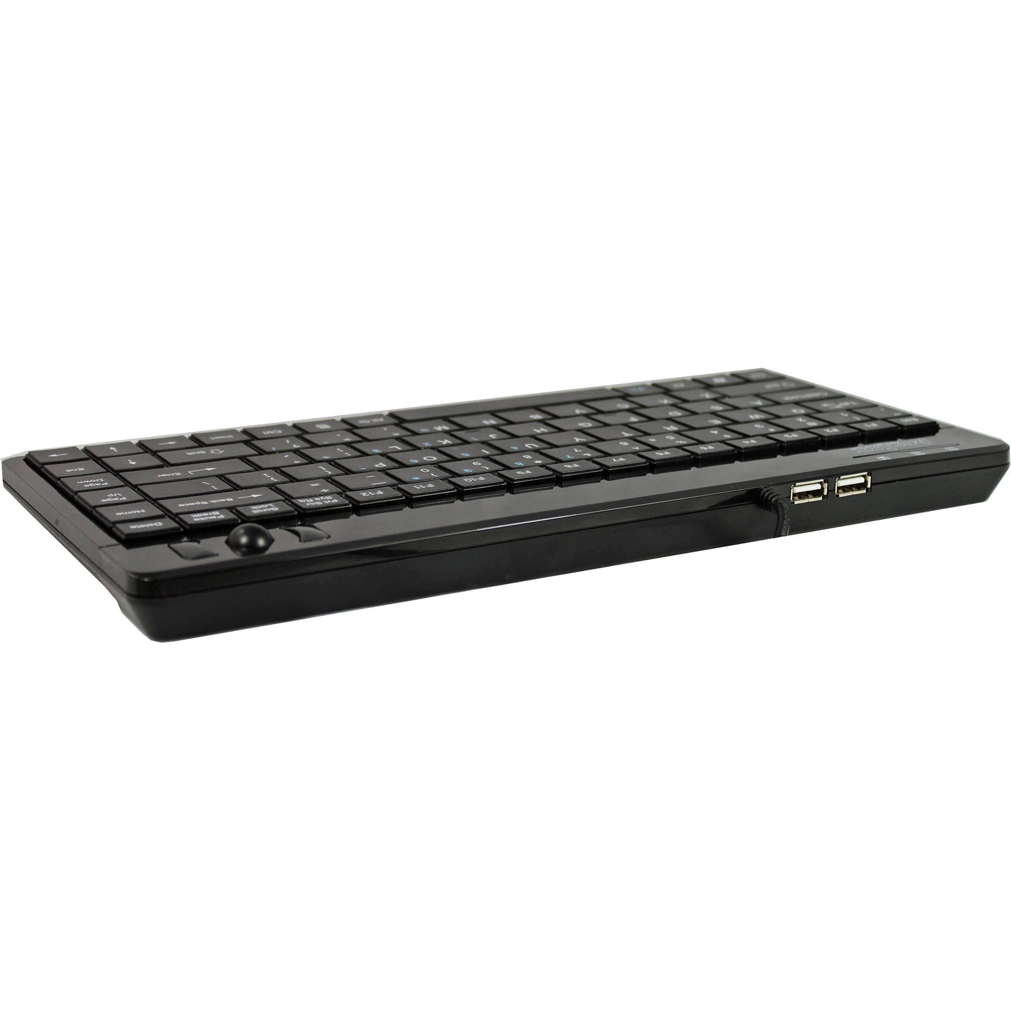 Schwarze Tastatur mit USB-Anschlüssen, aus einem Winkel betrachtet. Weißer Hintergrund.