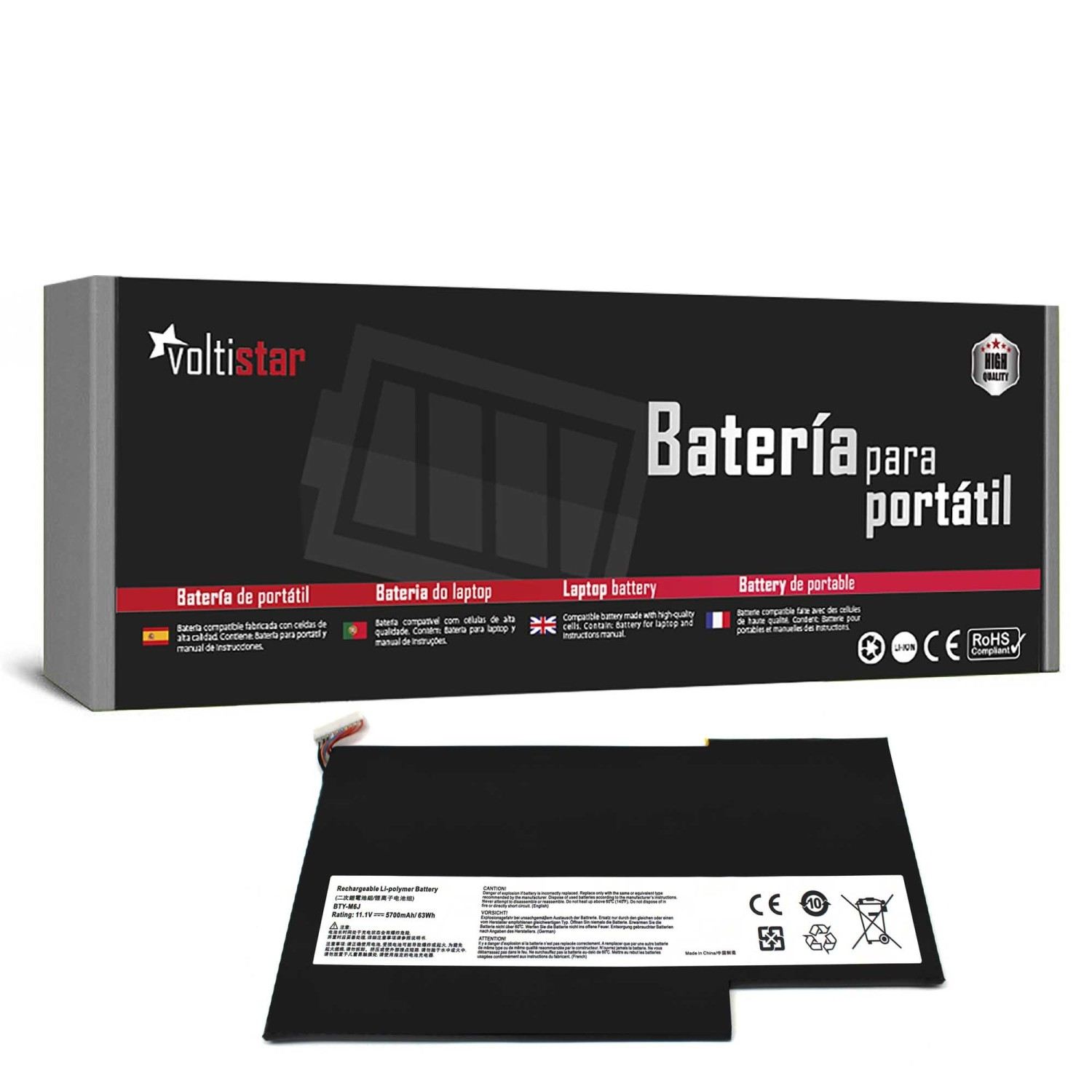 Embalaje de batería para portátil con texto multilingüe y una batería.