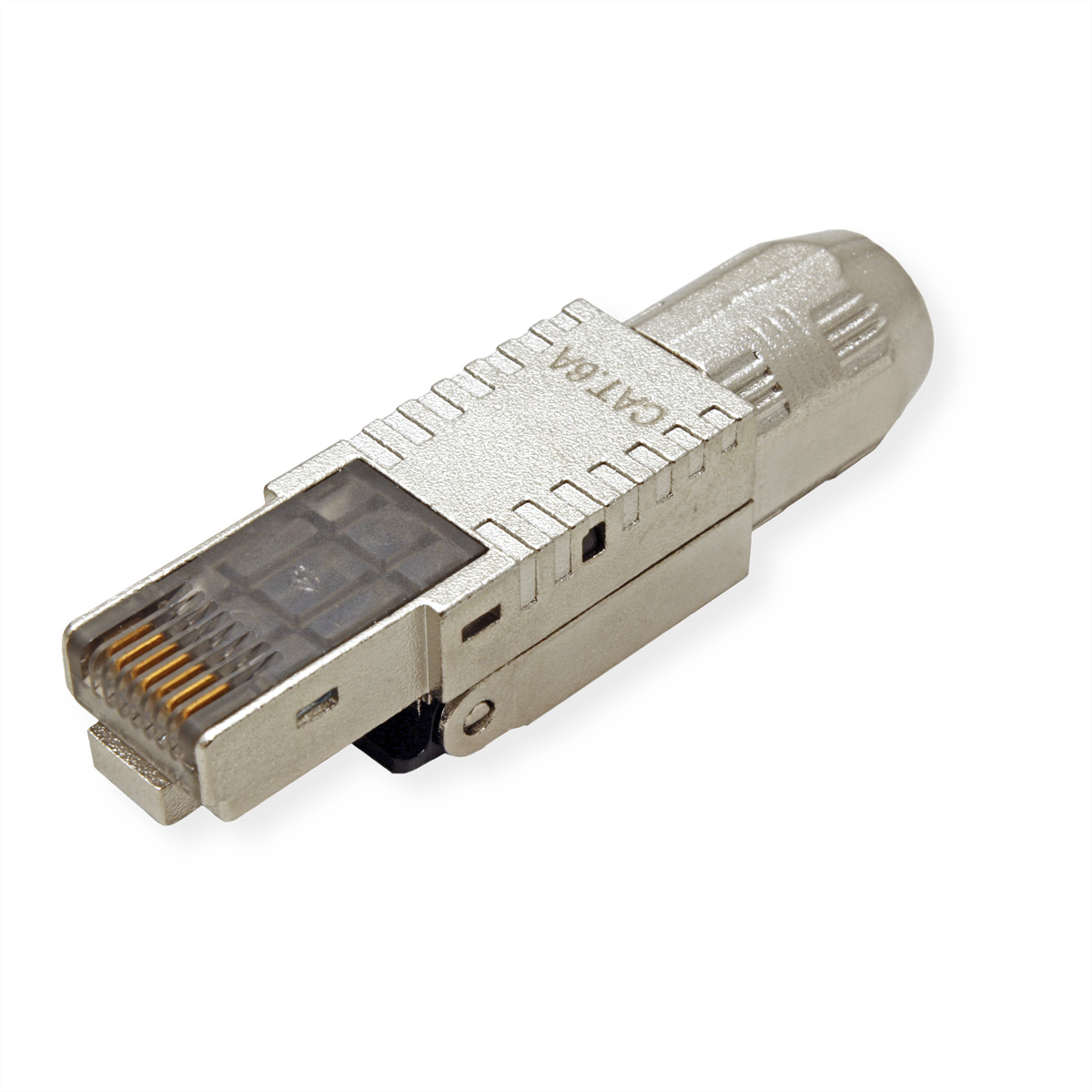 Silberner CAT6A RJ45-Anschluss. Es ist ein metallischer Stecker mit Kunststoffeinsatz.