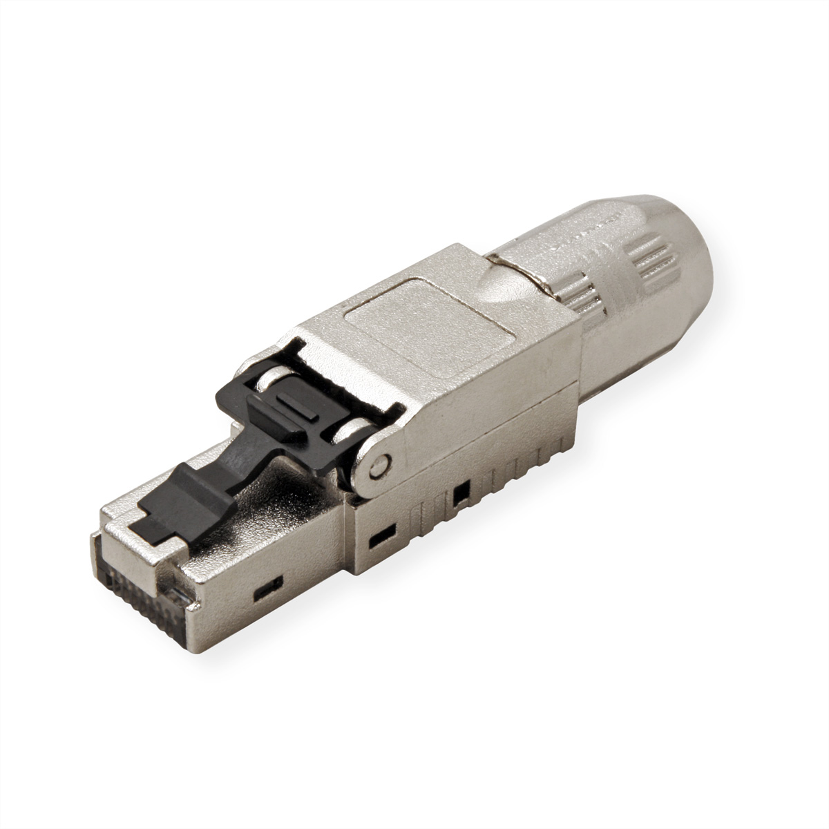 Metallischer SFP-Transceiver-Anschluss mit schwarzem Verriegelungsmechanismus.