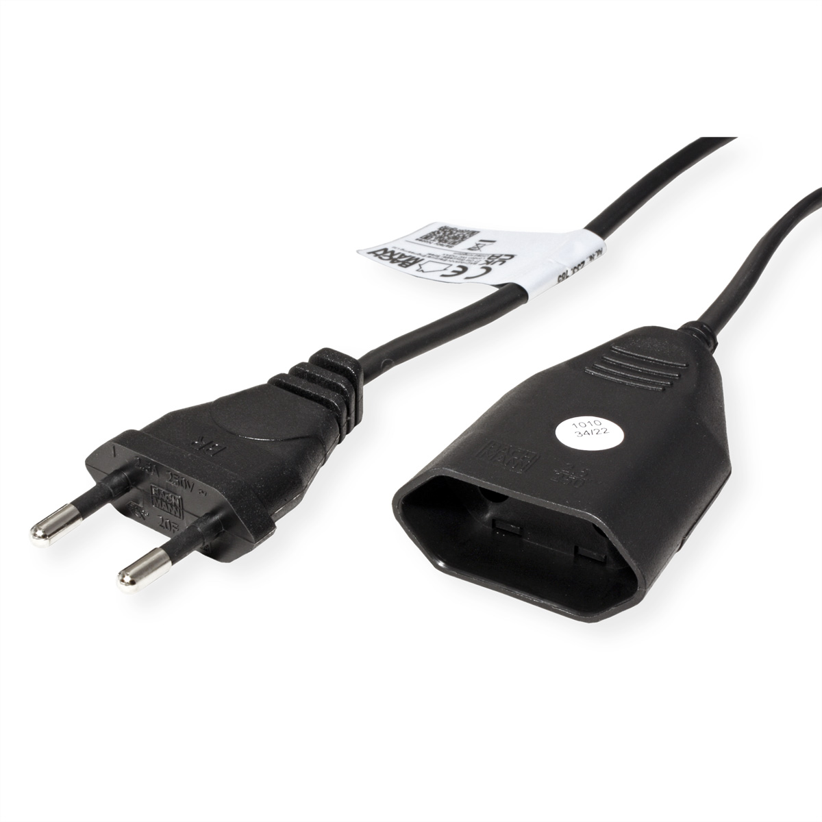 Schwarzes Netzkabel mit Stecker an einem Ende und Buchse am anderen. Weißer Hintergrund.