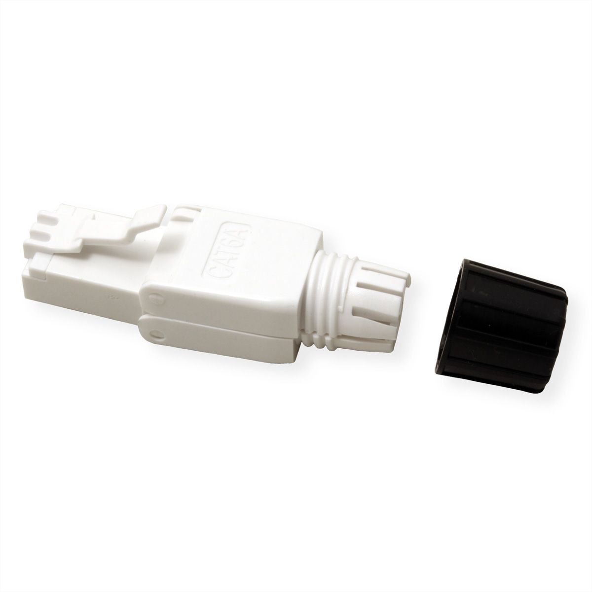 Connecteur CAT6A blanc avec capuchon de protection noir, isolé sur fond blanc.