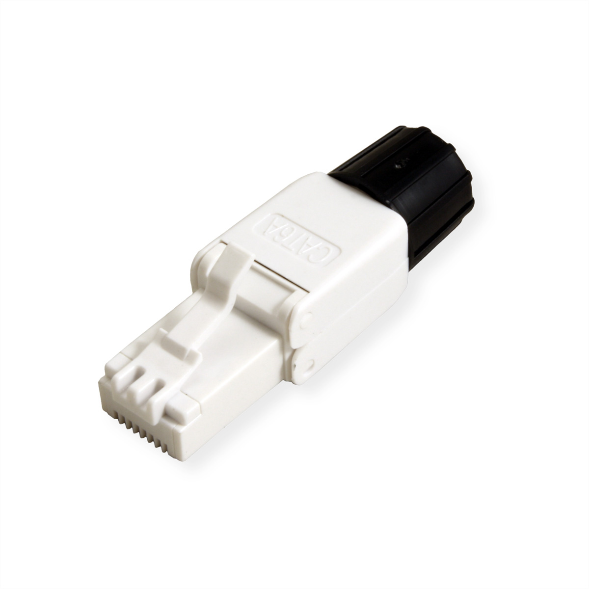 Connecteur RJ45 blanc et noir, vue en angle. Fond blanc.