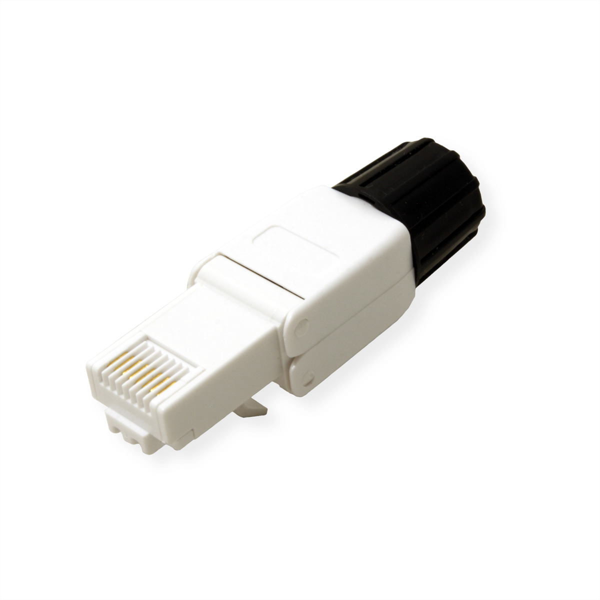 Connecteur RJ45 blanc et noir. Connecteur de câble réseau.