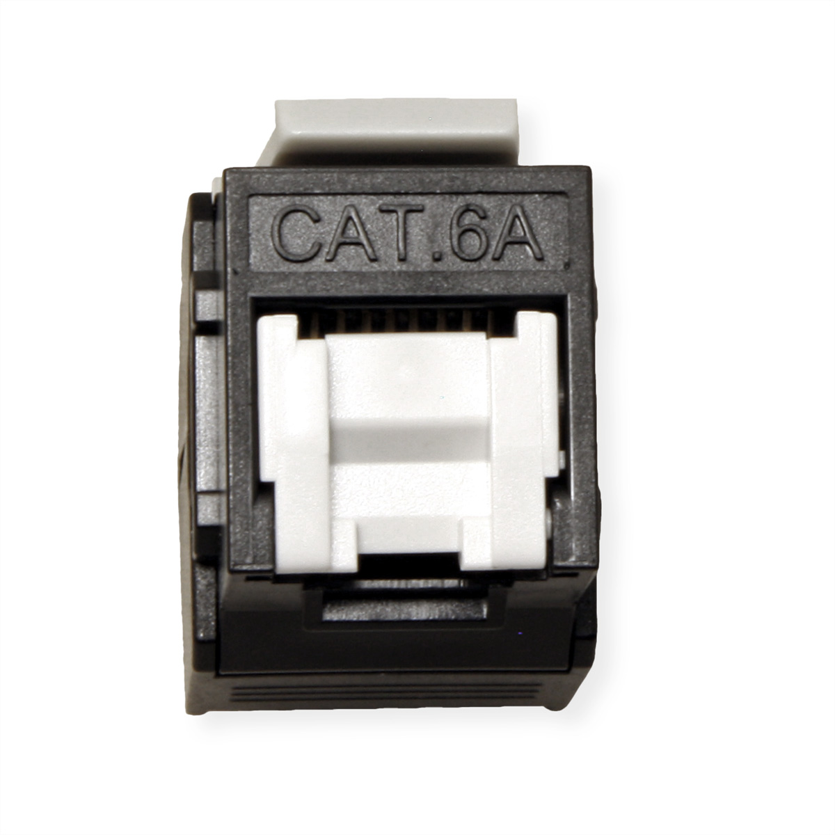 Connecteur réseau CAT.6A noir et blanc. Il a un centre blanc et un cadre noir.