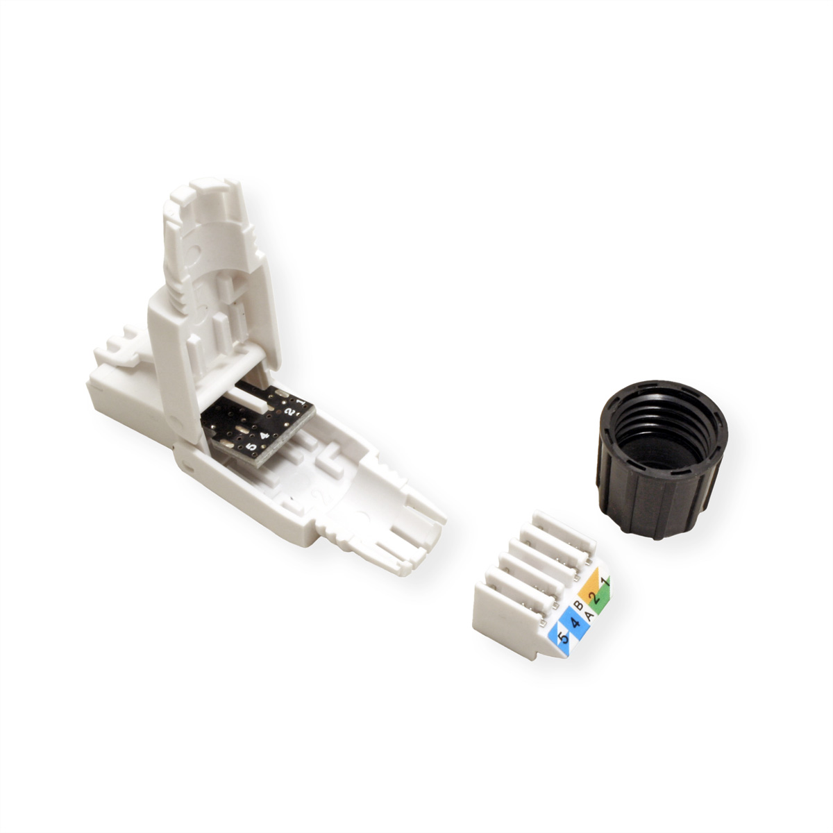 Witte RJ45-connector, gedemonteerd, met interne componenten en een zwarte beschermkap.