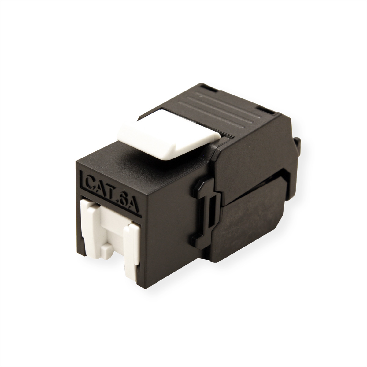 Un connecteur CAT6A noir et blanc avec interrupteur blanc.