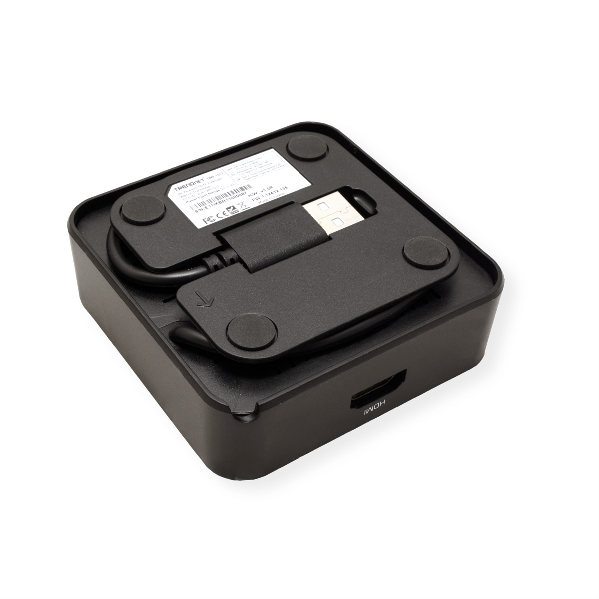 Dispositivo elettronico nero con porta USB e HDMI. Ha un cavo nero e piedini in gomma.