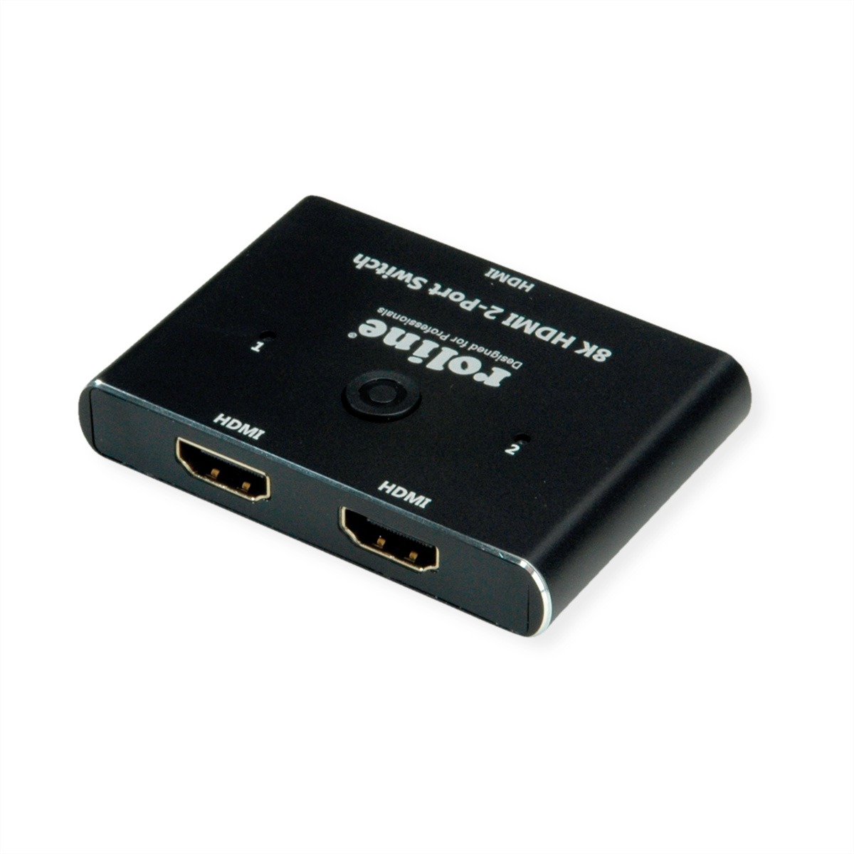 Zwarte HDMI 2-poort switch. Twee HDMI-poorten aan de voorkant en het logo.