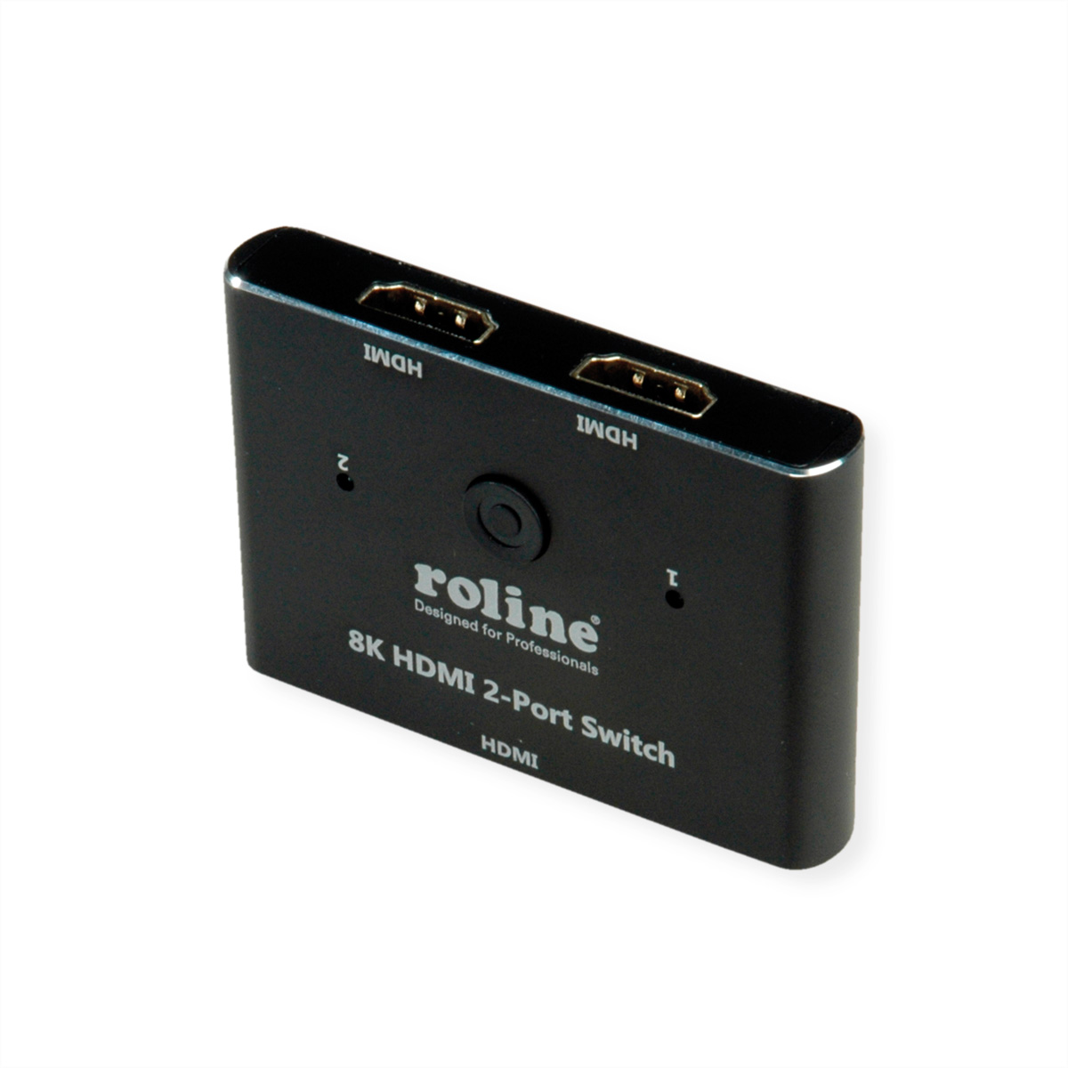 Zwarte 8K HDMI 2-poorts switch, met HDMI-poorten en roline logo.