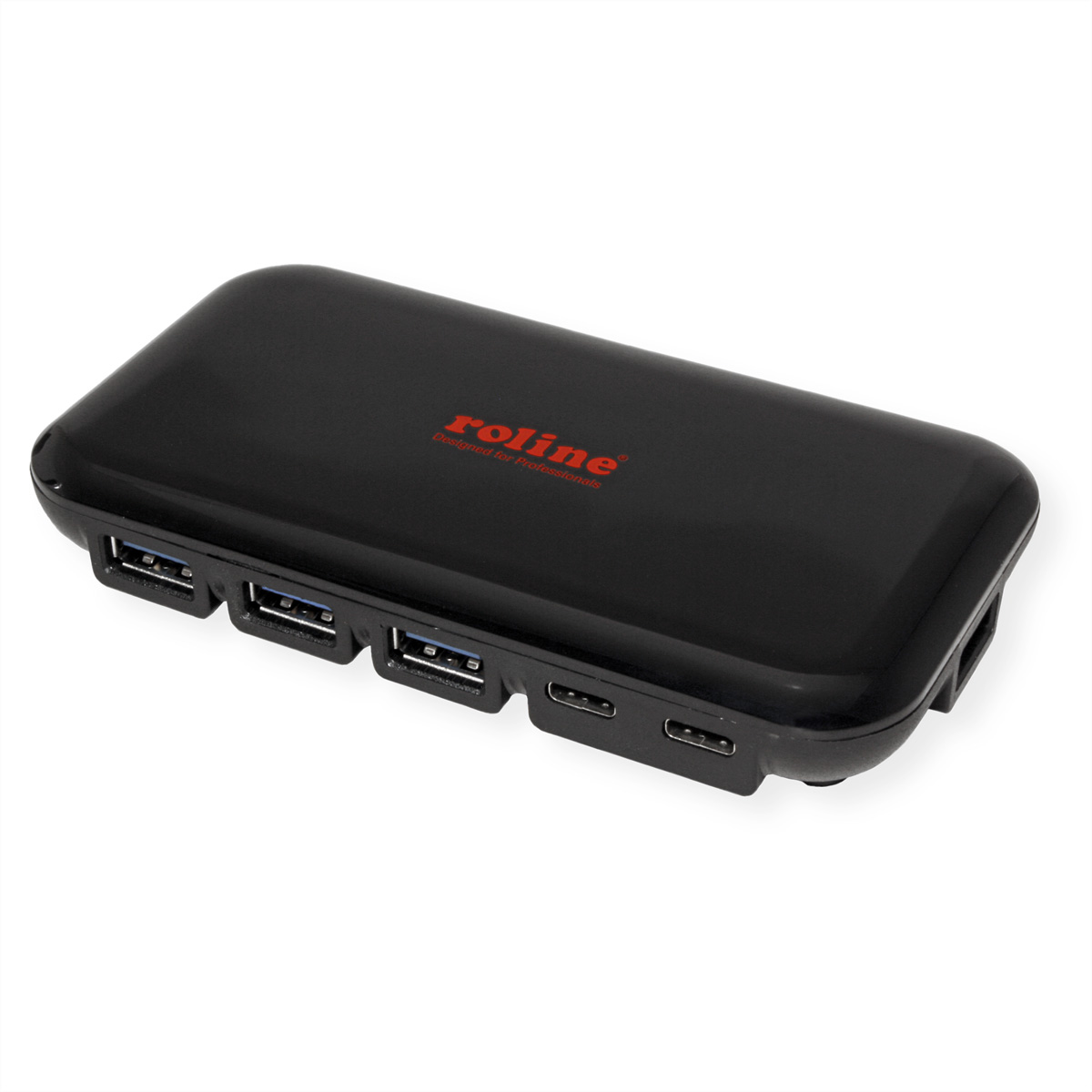 Hub USB nero con più porte. Ha il nome Roline.