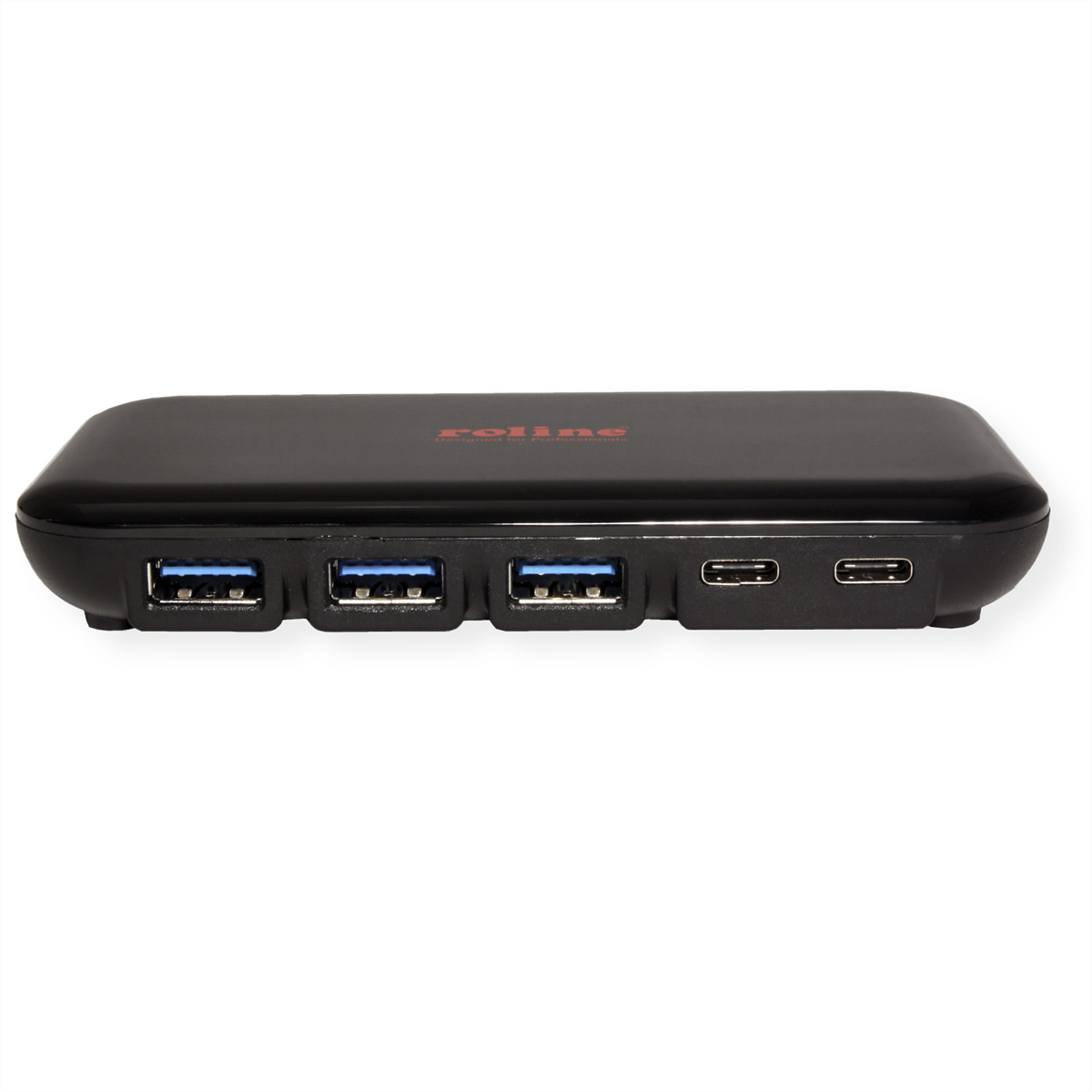 Hub USB nero con 4 porte USB e 2 porte USB-C.