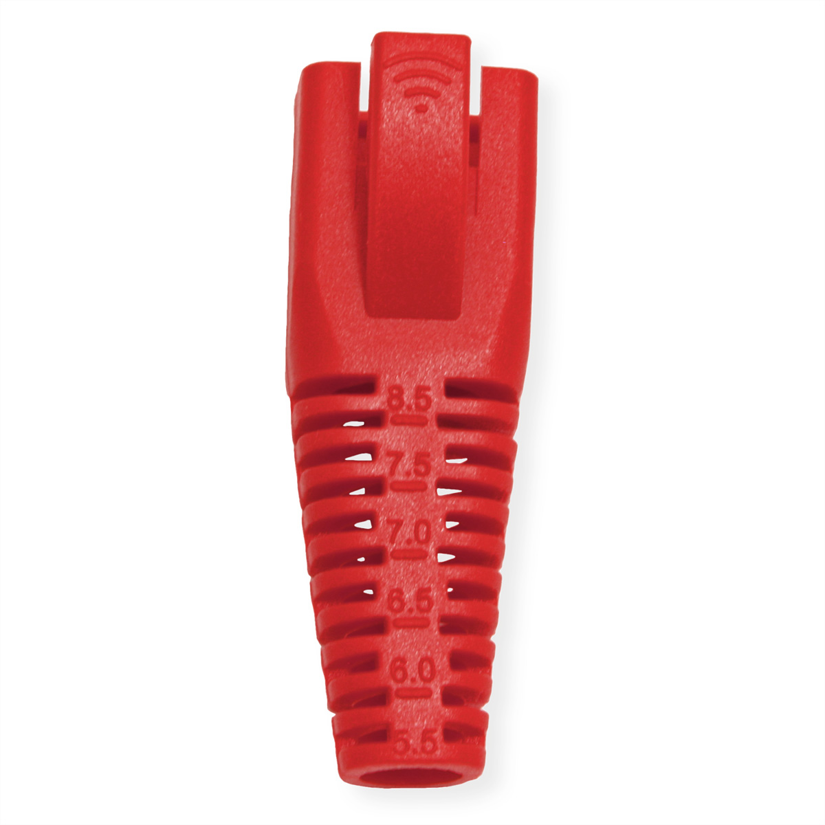 Un cache connecteur RJ45 rouge avec des marquages de mesure. De 8,5 mm à 5,5 mm.