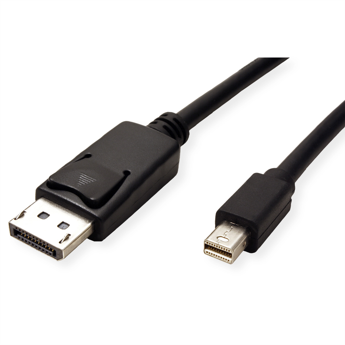 Een zwarte DisplayPort naar Mini DisplayPort-kabel, connectoren zichtbaar.