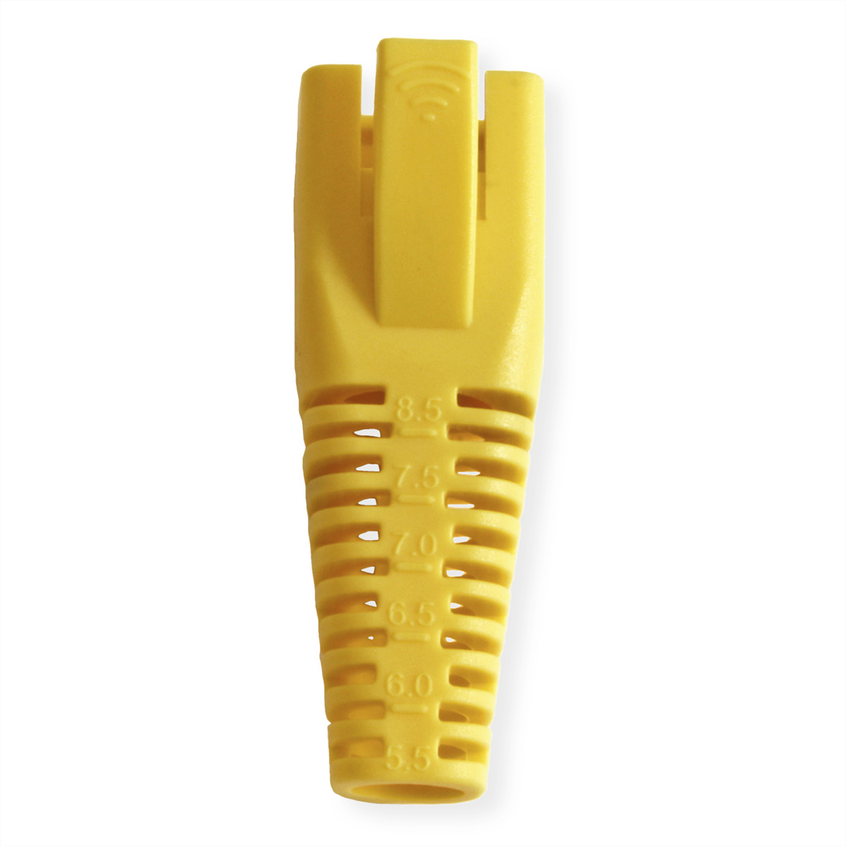 Cache-connecteur RJ45 jaune. Il est rainuré et comporte des mesures sur le côté.