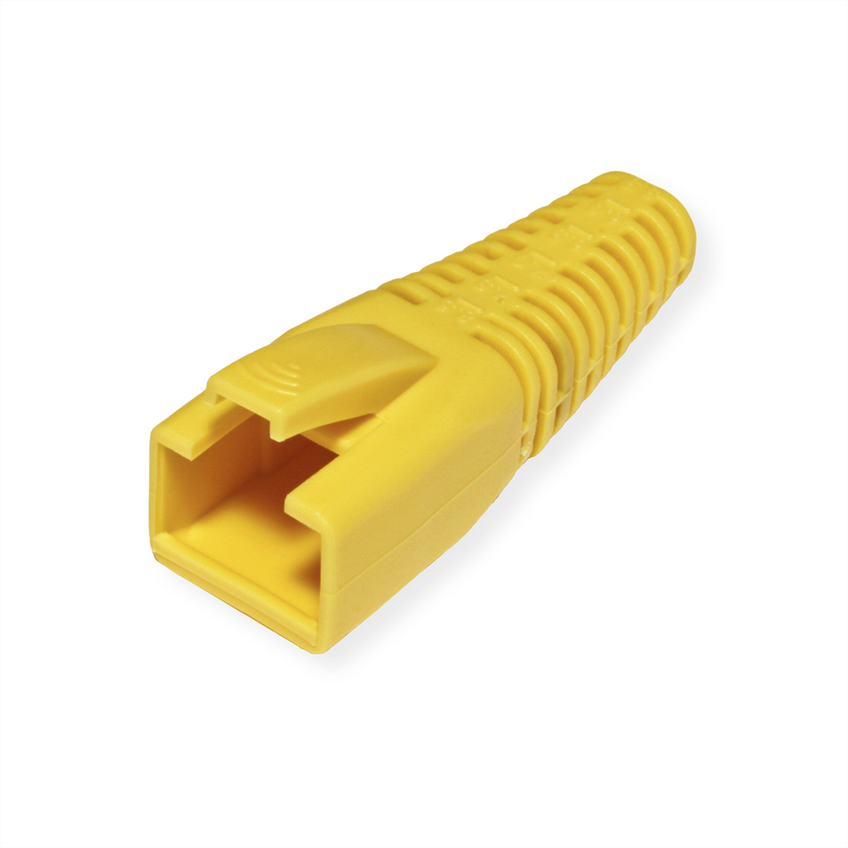 Un cache connecteur RJ45 jaune. Il s'agit d'un plastique solide, avec une ouverture carrée.