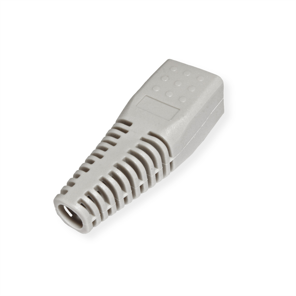 Un connecteur de câble en plastique gris. Il a un design strié et semble neuf.