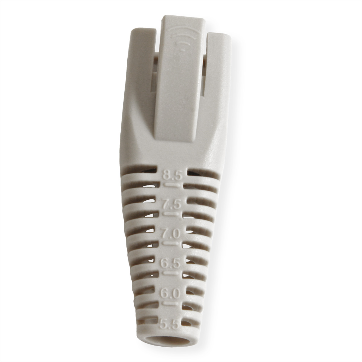 Connecteur CAT6A blanc avec marquages de taille, vu de face, isolé.