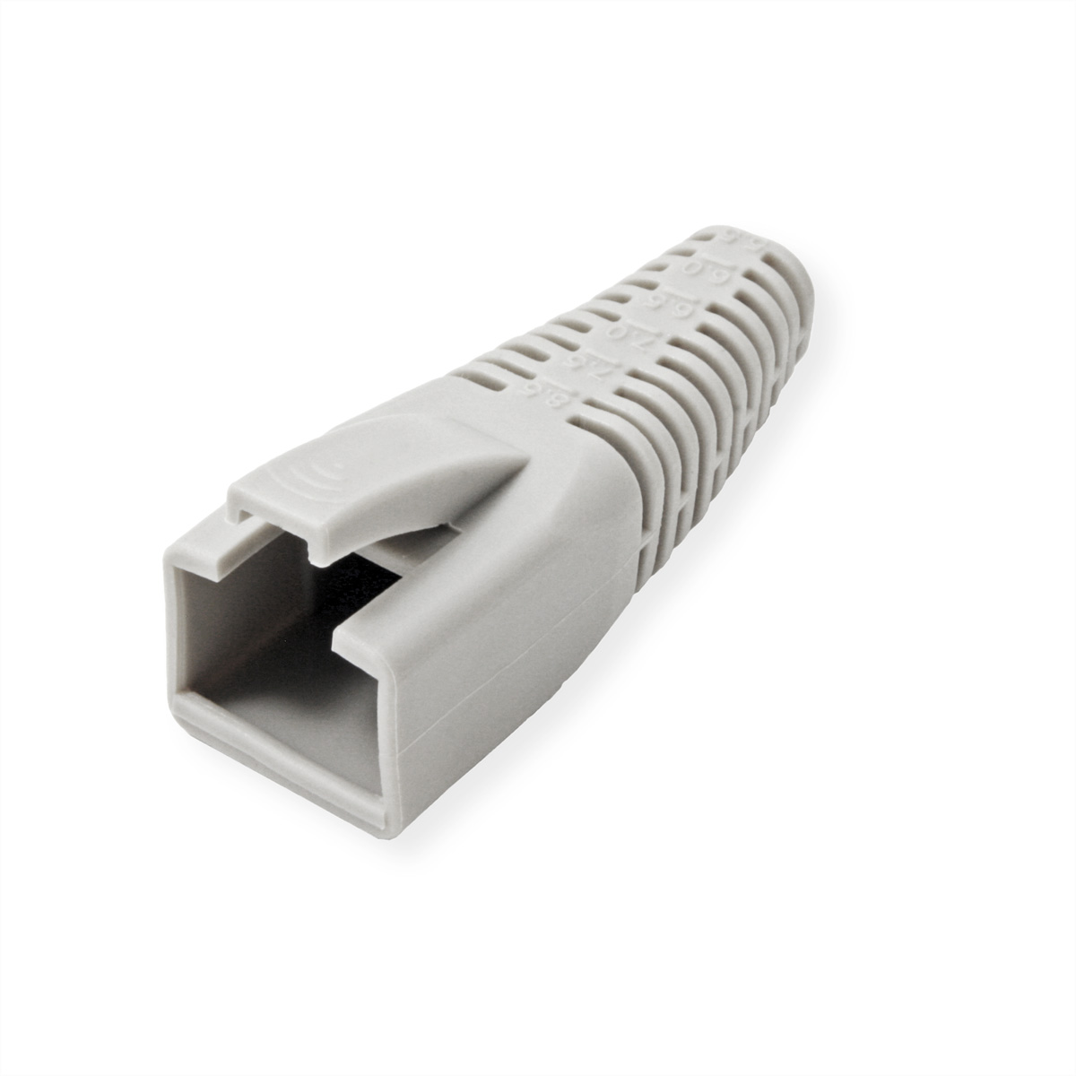 Un capuchon gris de connecteur RJ45, incliné, avec un design nervuré.