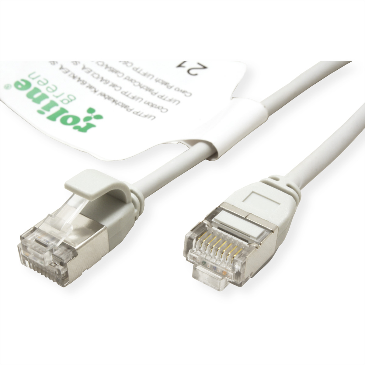 Ein graues Ethernet-Kabel mit Anschlüssen und einem Etikett.