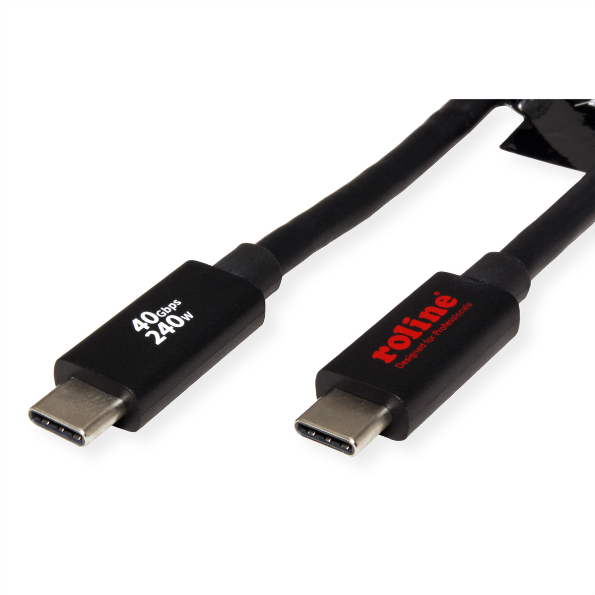 Deux câbles USB-C noirs avec des connecteurs étiquetés '40gbps 240w' et 'roline Designed for Professionals'.