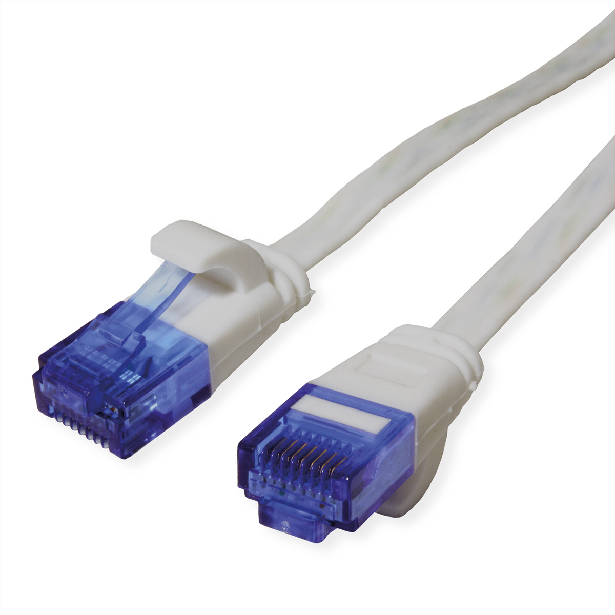 Zwei weiße und blaue Netzwerkkabel mit RJ45-Steckern, vor weißem Hintergrund.