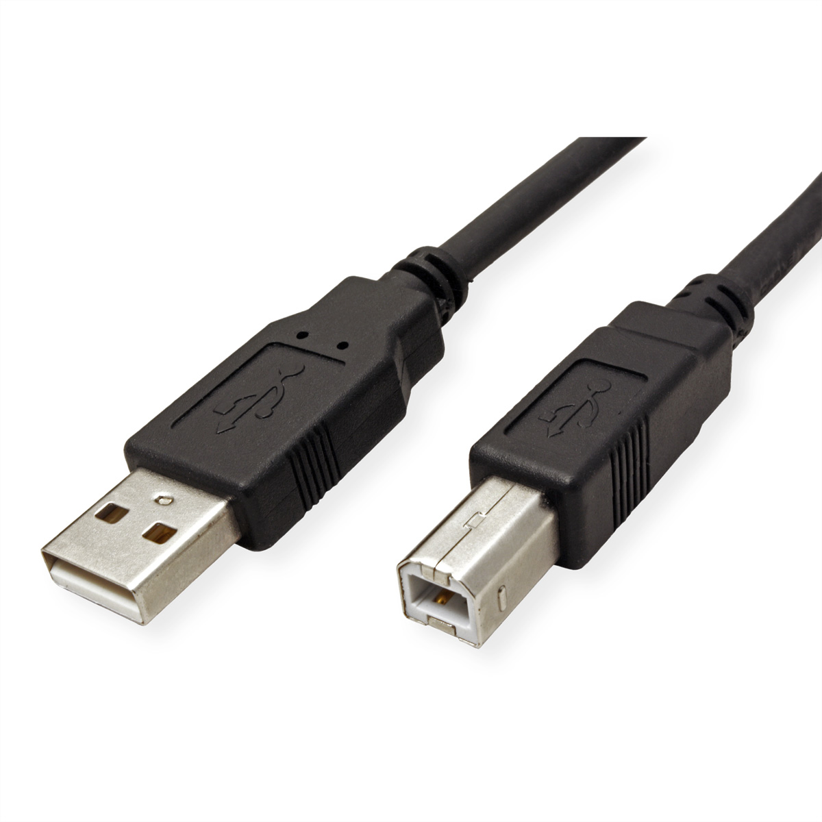Cavo USB nero con due connettori, su sfondo bianco.