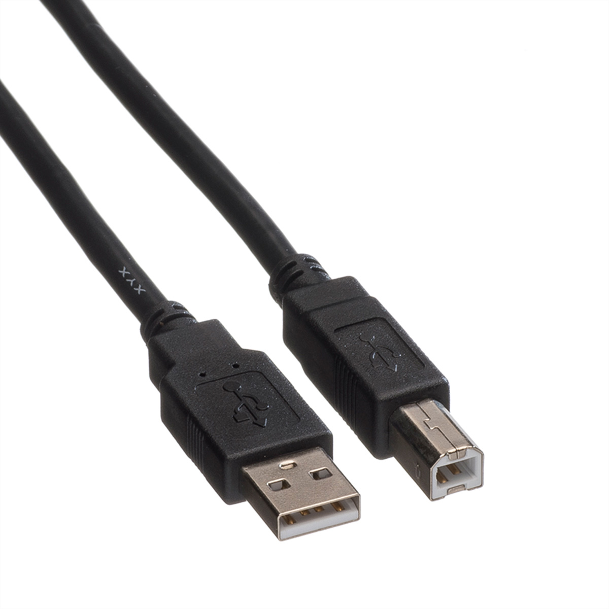 Cavo USB nero con due connettori. Uno è USB standard, l'altro è USB-B.
