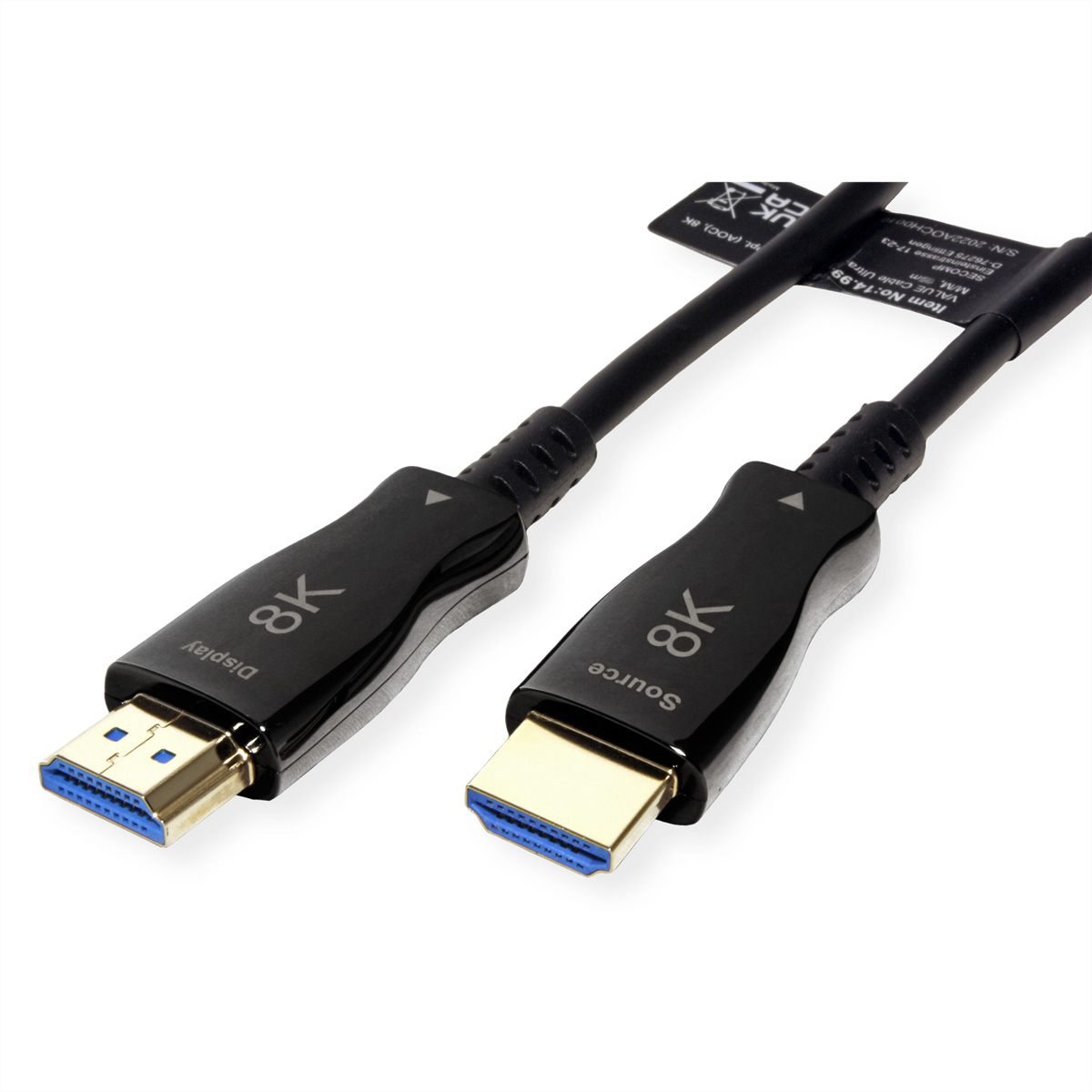 Zwarte 8K HDMI-kabel met gouden connectoren. Display en Source labels op de connectoren.