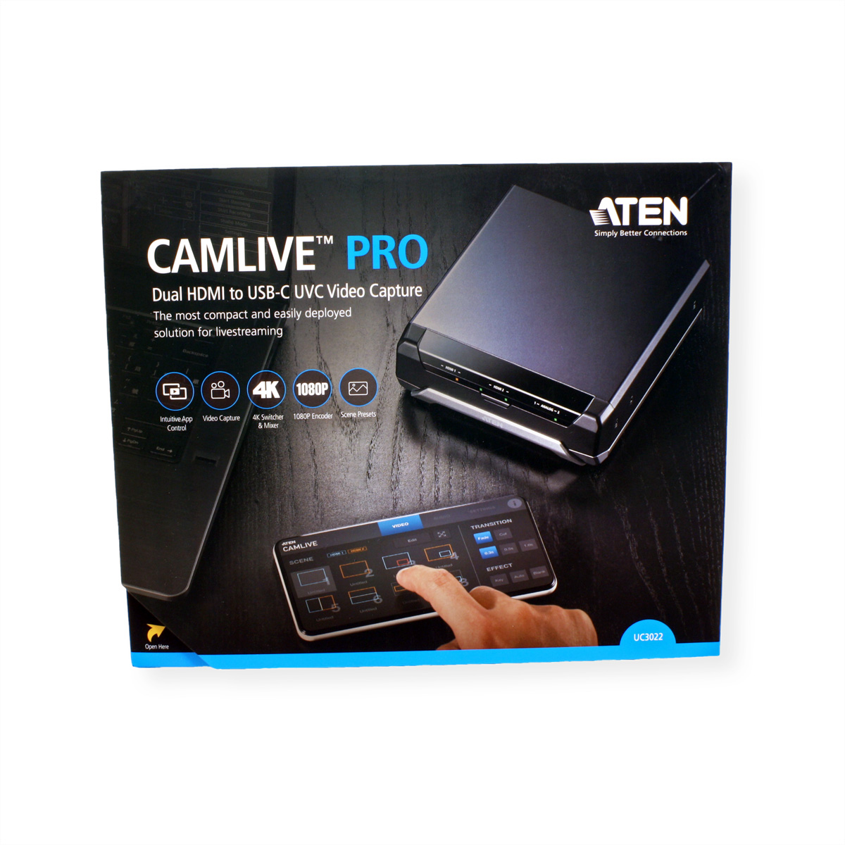 Eine schwarze CAMLIVE PRO-Box. Sie hat ein kleines Gerät mit Bildschirm und HDMI-Anschlüssen.