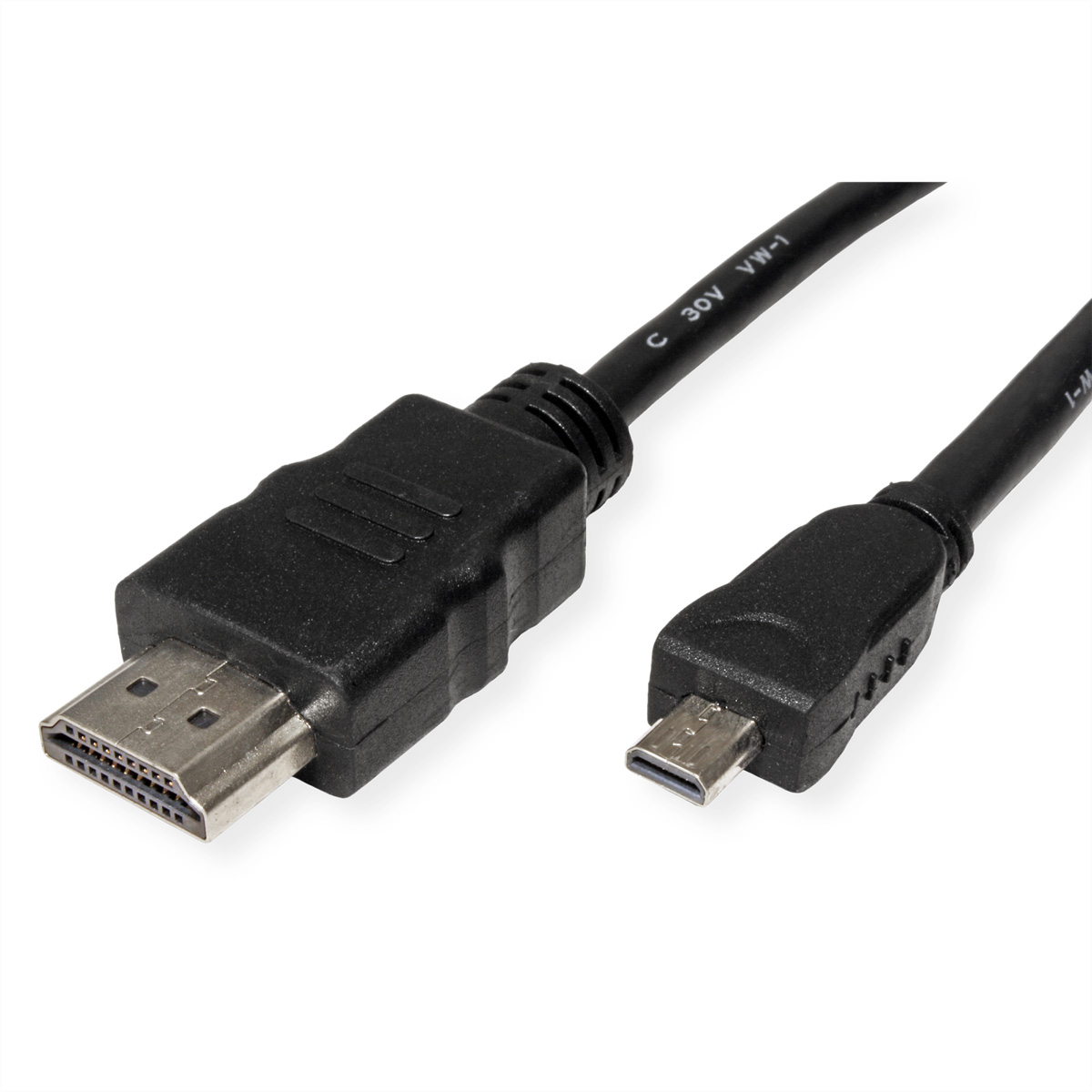 Zwarte HDMI naar micro-HDMI kabel, met duidelijk zichtbare connectoren.