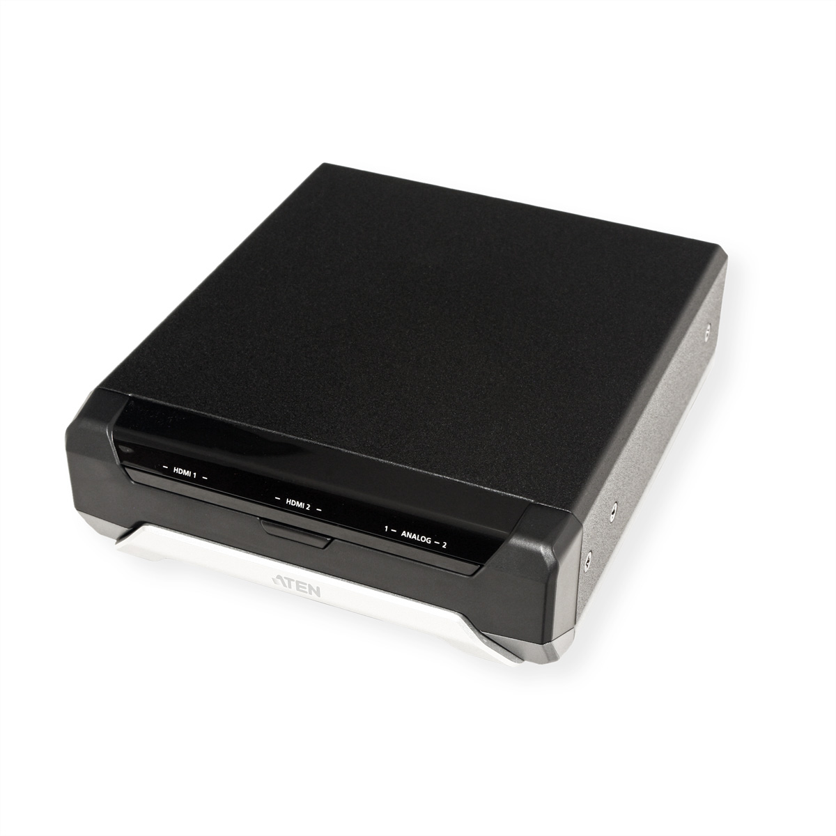 Ein schwarzes Gerät mit HDMI- und analogen Anschlüssen, unten silbernes ATEN-Logo.