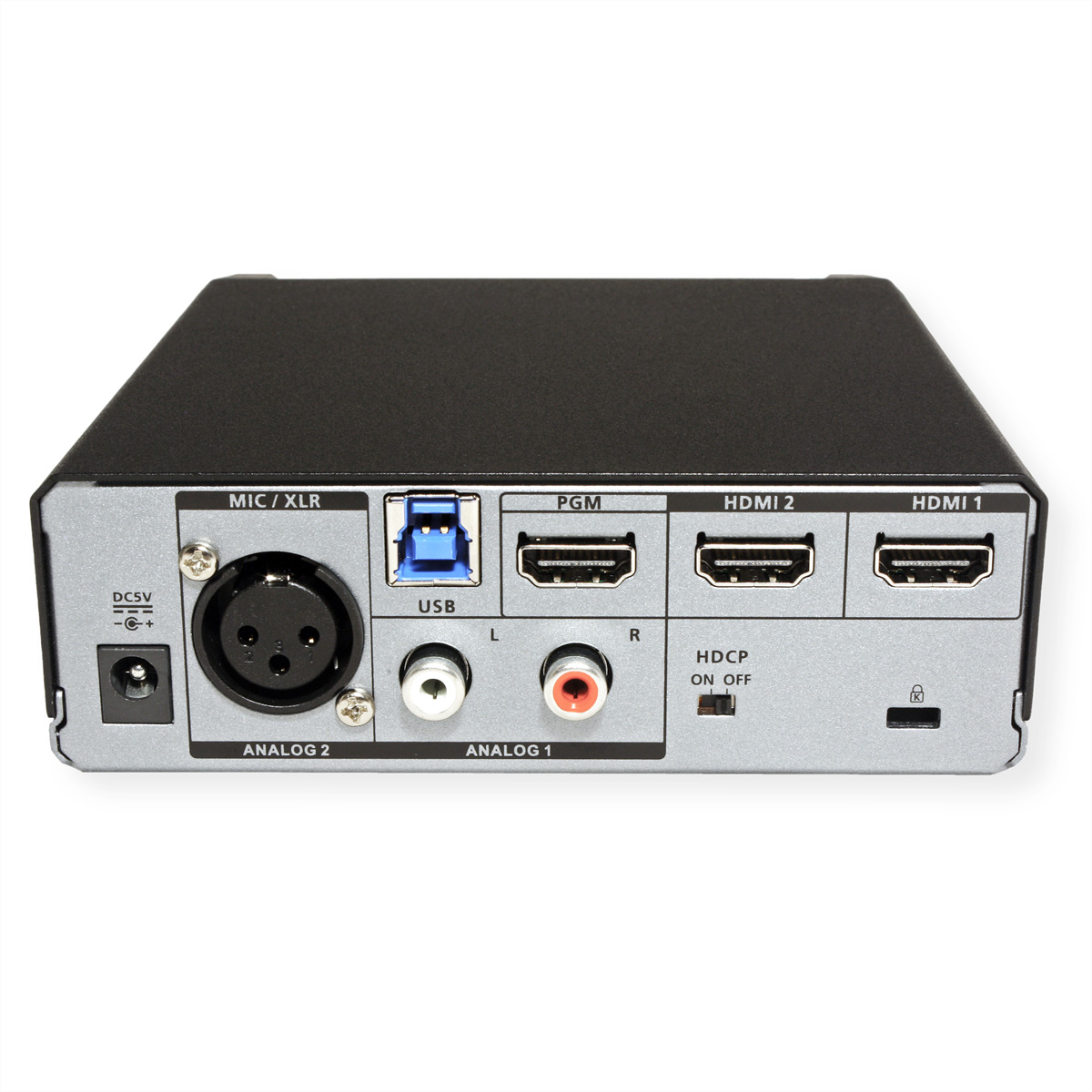 Schwarz-silbernes audiovisuelles Gerät mit mehreren Anschlüssen: USB, HDMI, Analog und Stromeingang.